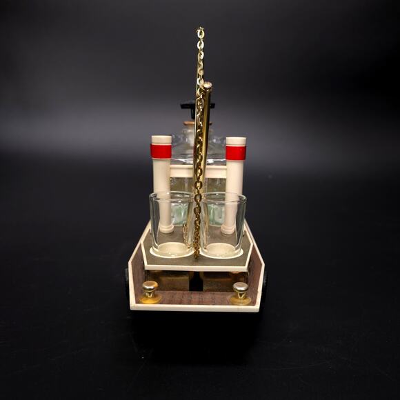 Vintage Music Box Tugboat Decanter w/ 4 Shot Glasses Maritime Home Decor - Picture 3 of 11